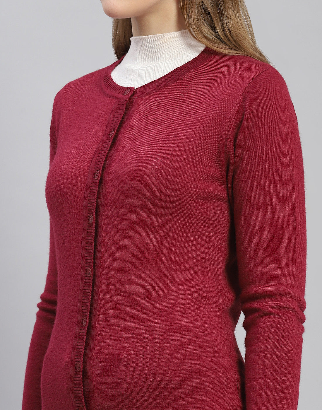 Women Maroon Solid Round Neck Full Sleeve Cardigan