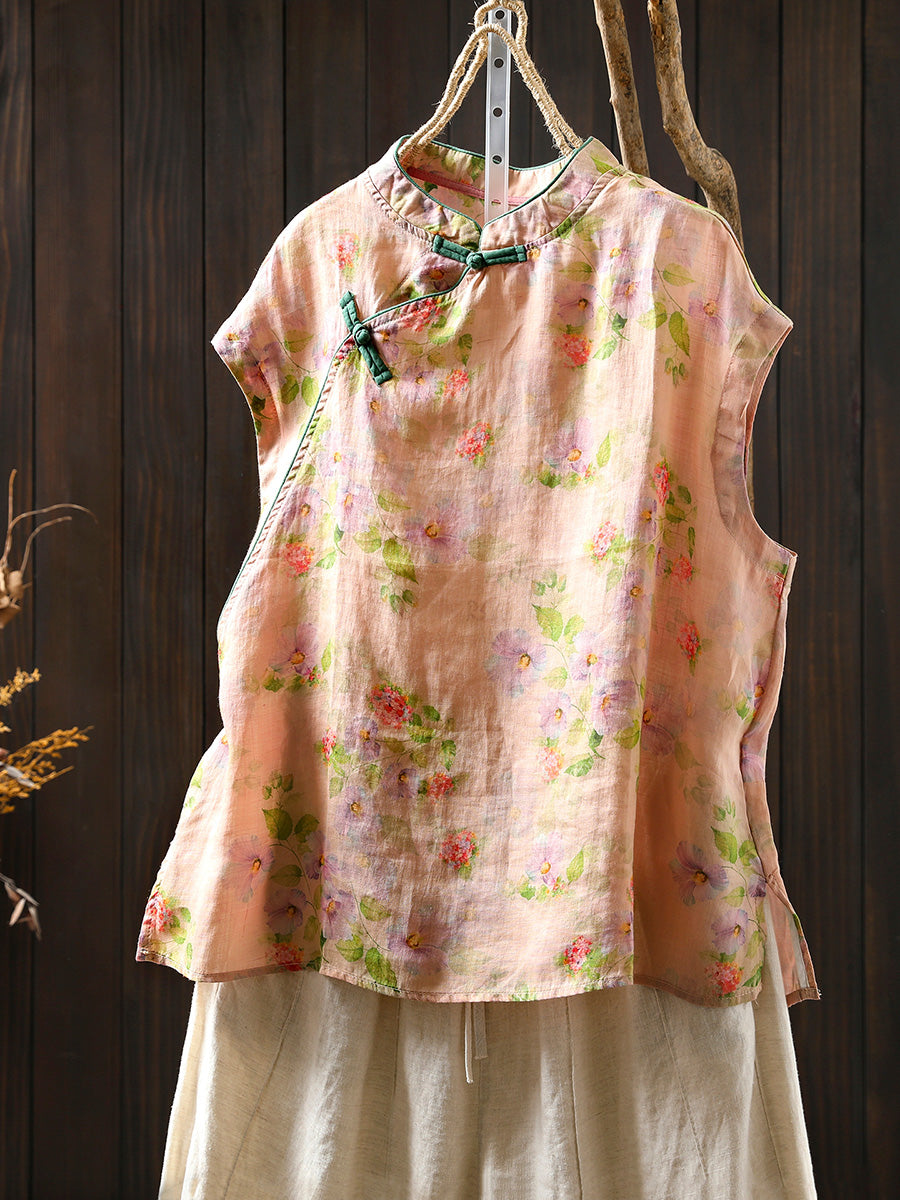 Women Summer Floral 100%Ramie Stand Collar Shirt