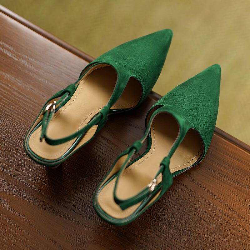 Elegant Pointed Toe Suede Leather Slingback Pumps 70mm Kitten Heel with Buckle Strap in Black/Green