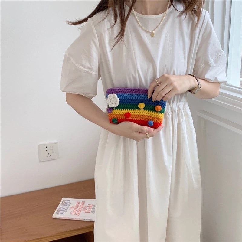 Women's Medium Fabric Clouds Rainbow Stripe Cute Square Open Shoulder Bag