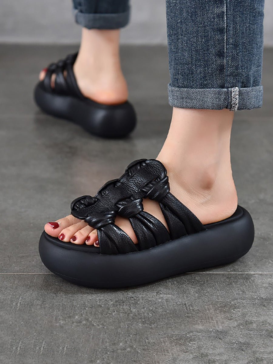 Women Summer Casual Leather Weave Platform Slippers