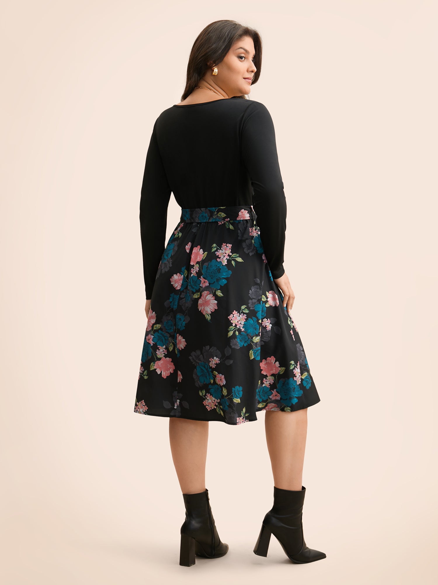 V Neck Floral Patchwork Belted Dress