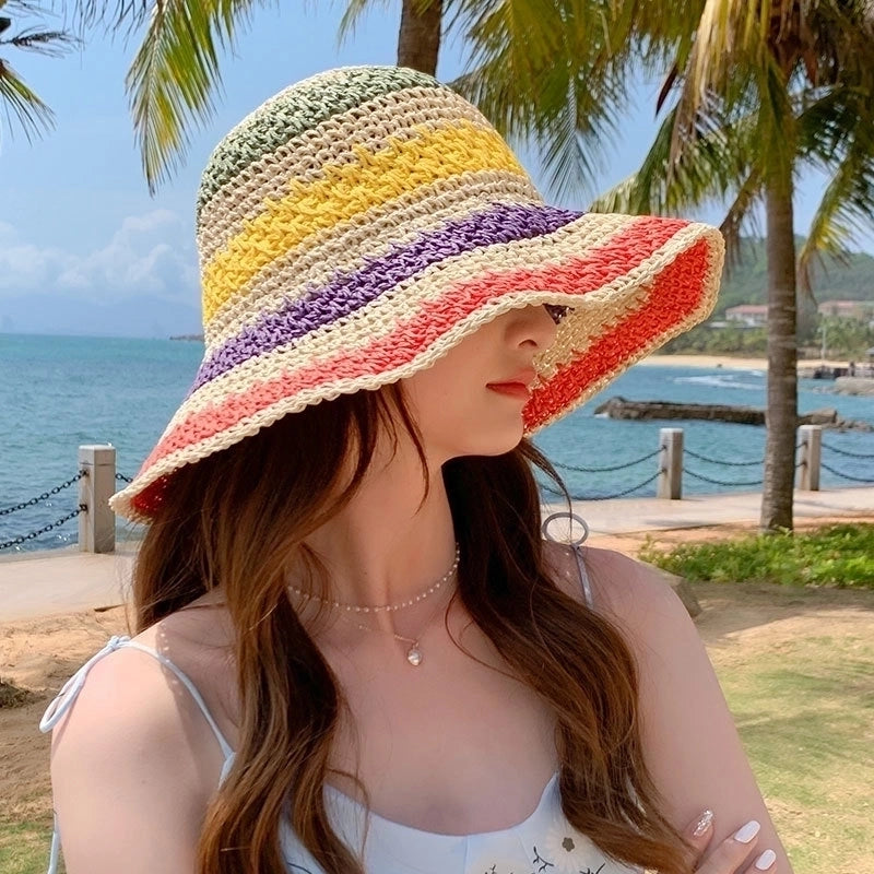 Bohemian Style Women's Foldable Rainbow Color Matching Fisherman Hat Straw Hat