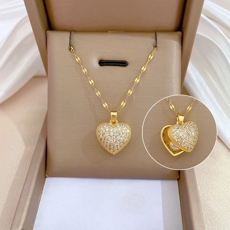2 Pieces Minimalist Classic Style Geometric Heart Shape Titanium Steel Copper Zircon Pendant Necklace In Bulk