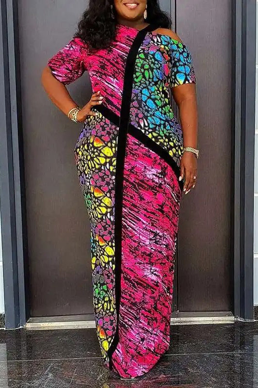 Vintage Casual Loose Off Shoulder Printed Maxi Dress