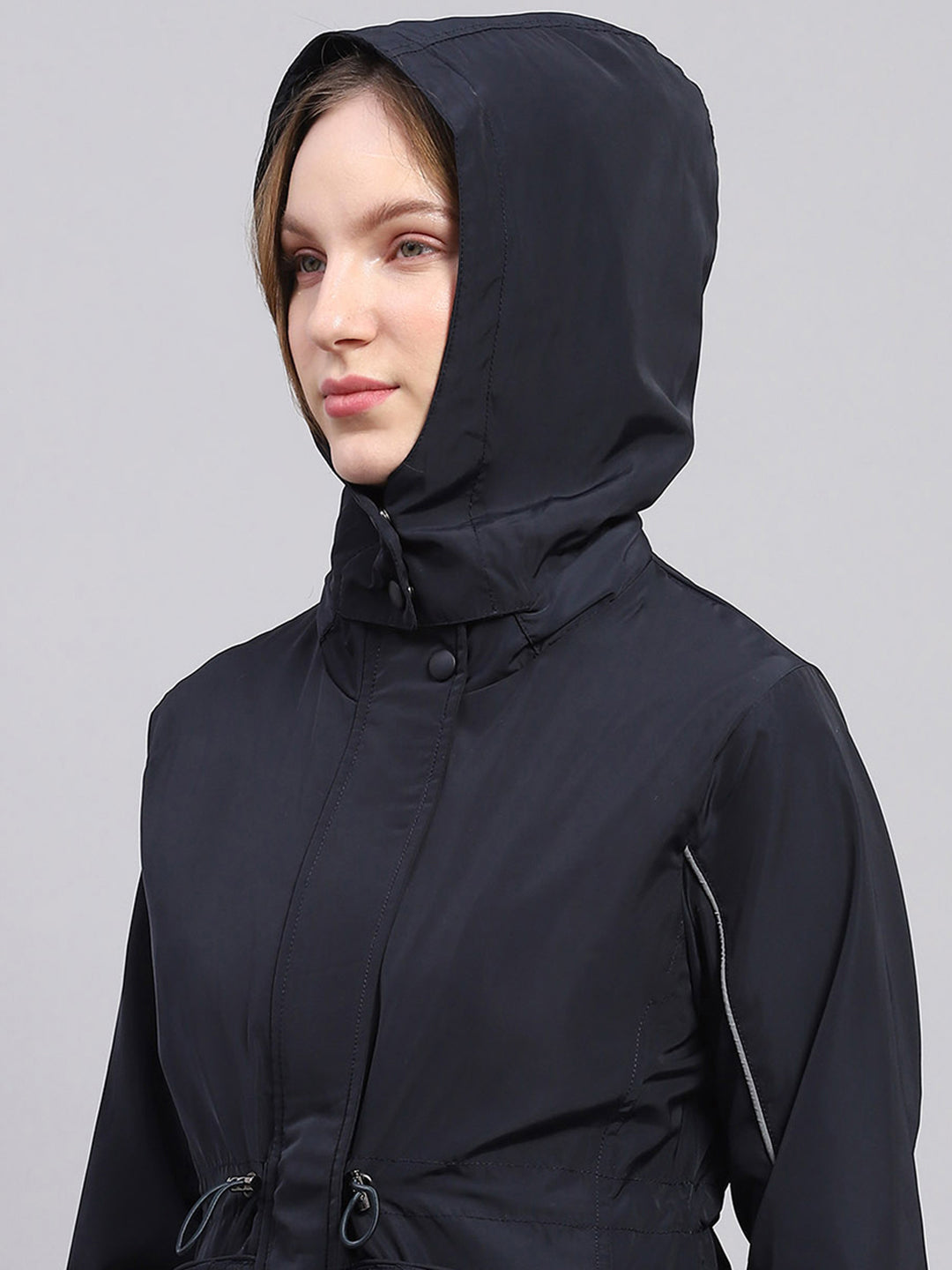 Women Navy Blue Solid Detachable Hood Full Sleeve Jacket