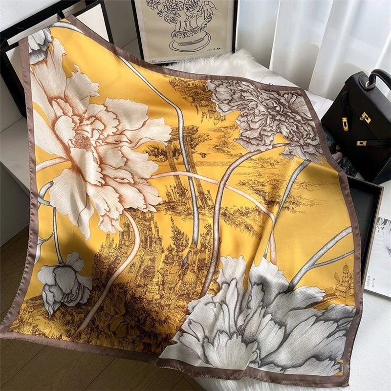 Women's Elegant Sweet Color Block Satin Printing Flowers Silk Scarf