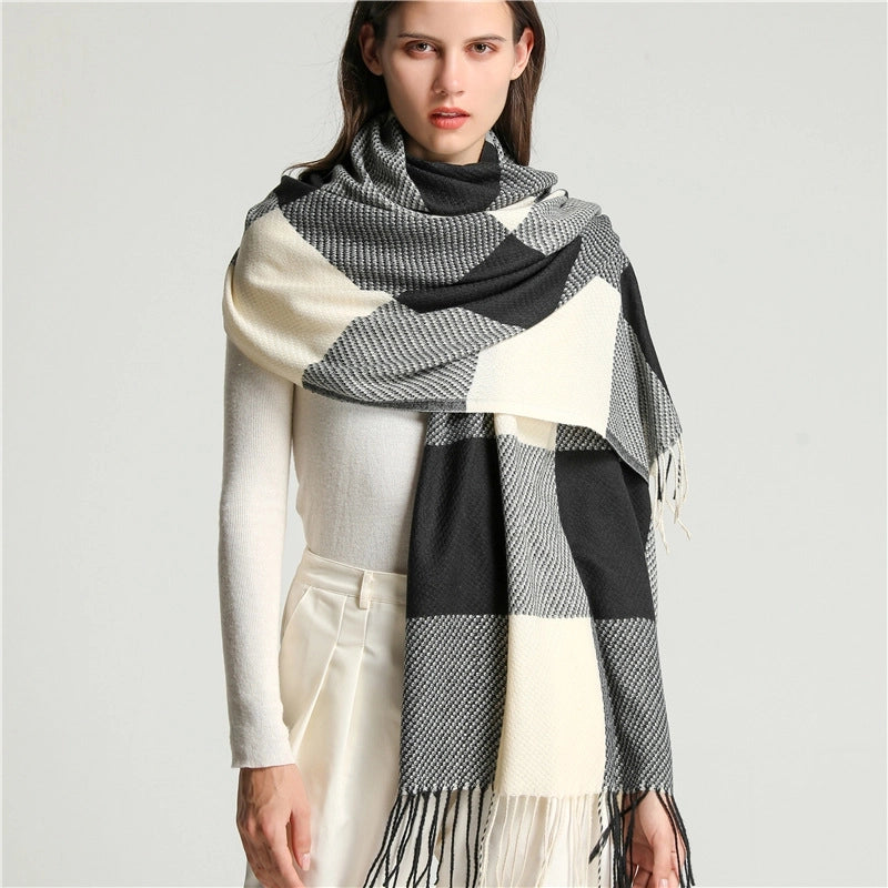 Winter New Scarf Cashmere-like Check Pattren Tassel Men's And Women's Shawl Color Matching  Casual Student Scarf