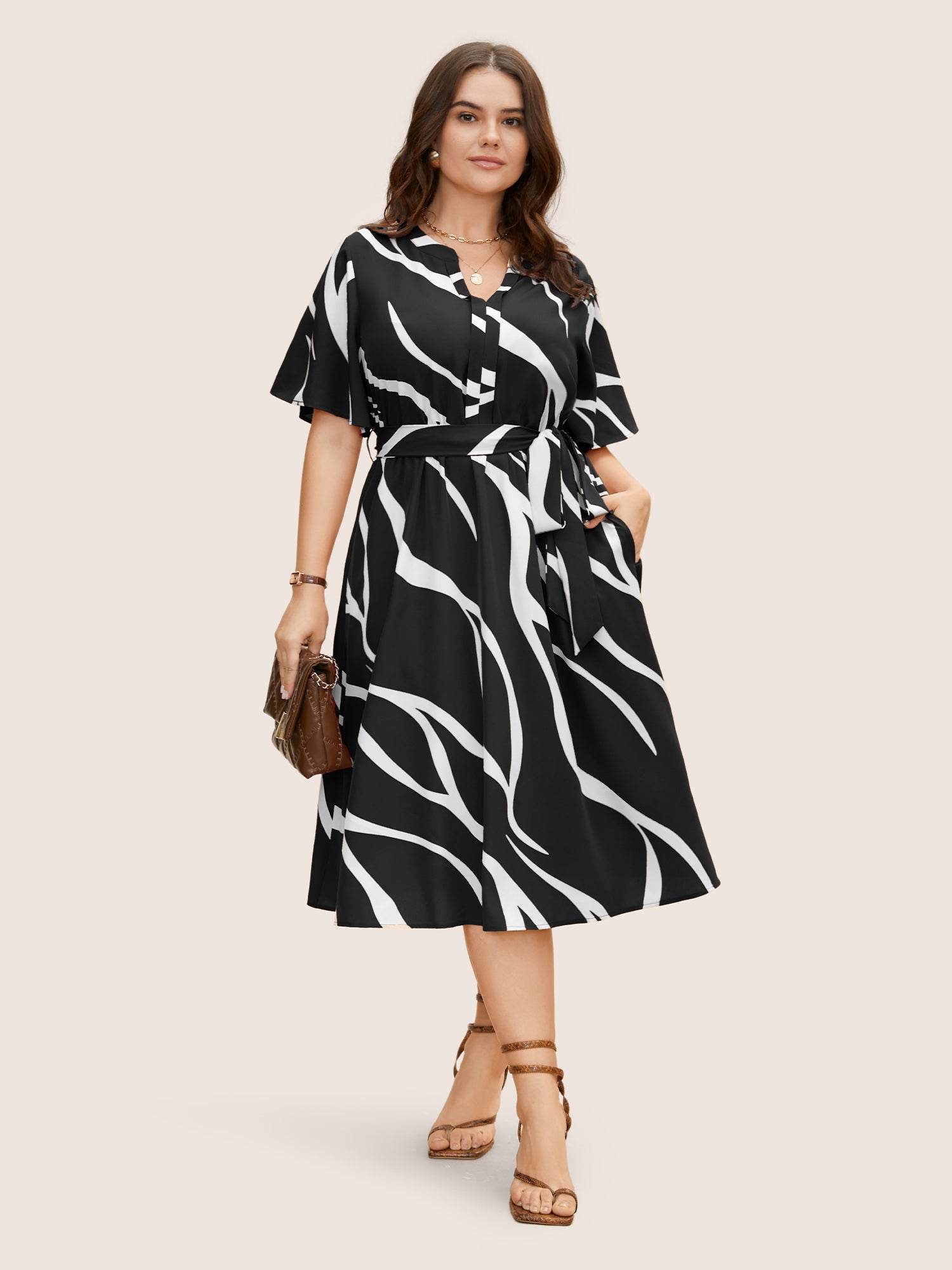 Geometric Surplice Neck Tie Knot Midi Dress