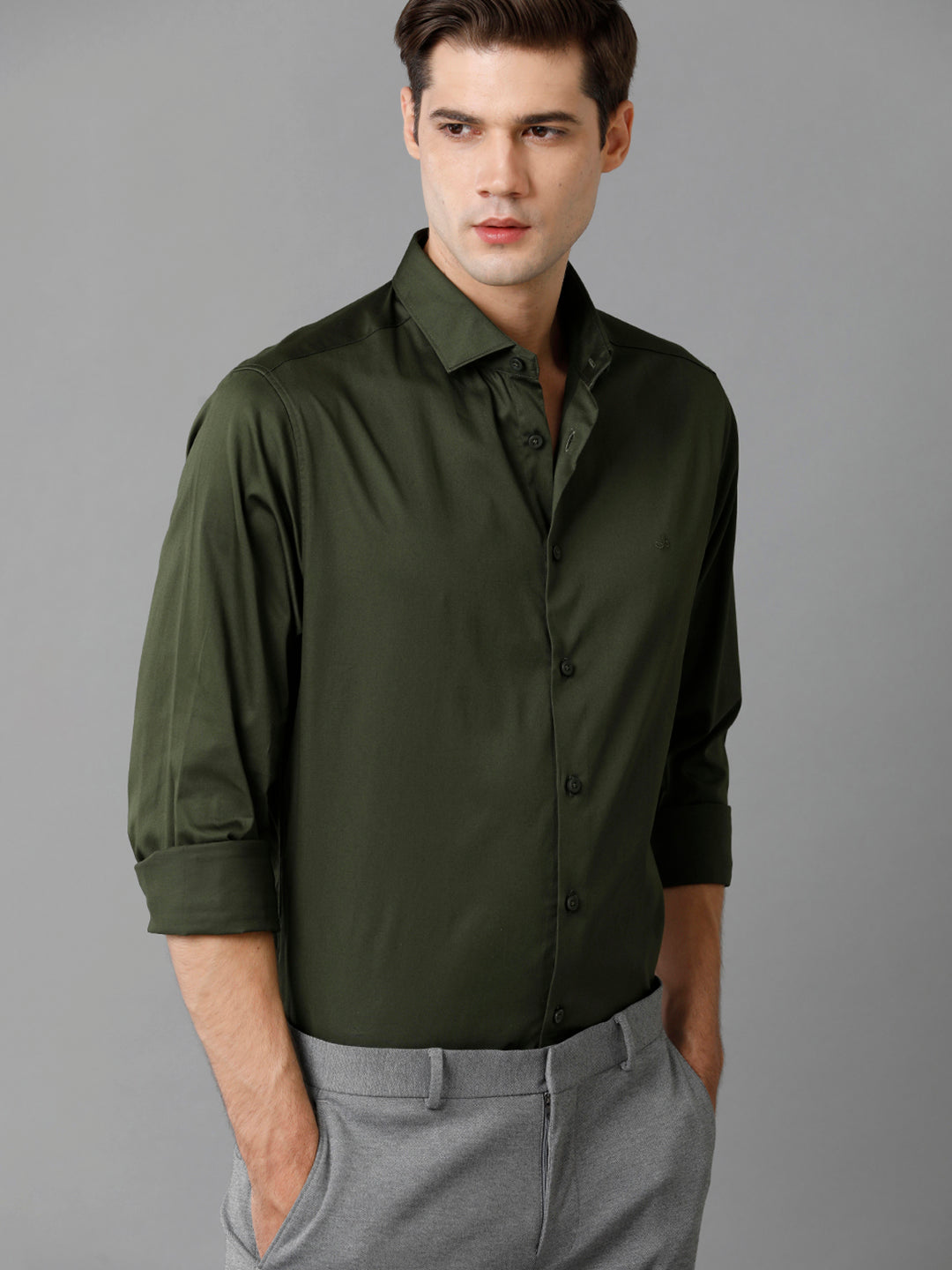 Mens Regular Fit Solid Olive Green Formal Satin Shirt (SAUOL)