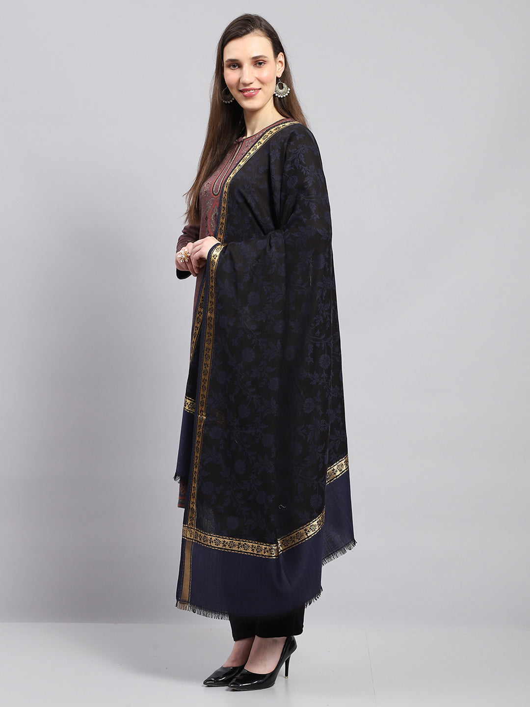 Women Navy Blue Self Design Shawl