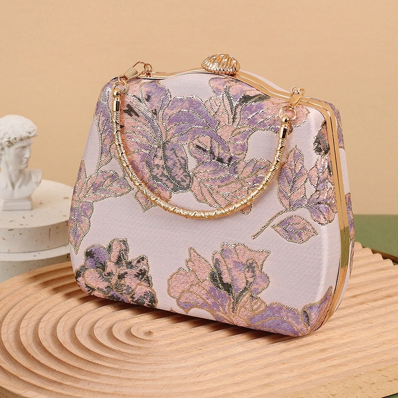 Women's Small Cloth Leaves Flower Elegant Vintage Style Embroidery Clasp Frame Handbag