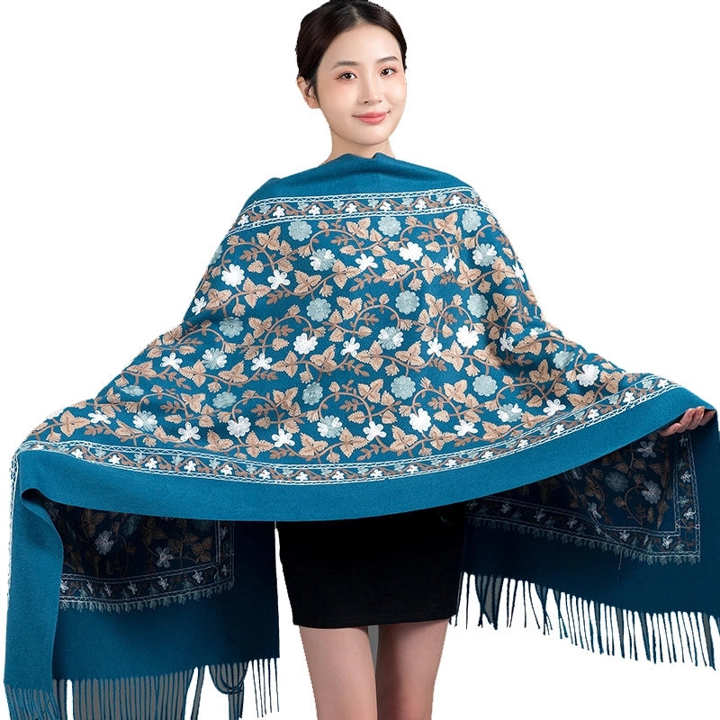 Embroidered Imitation Wool Cashmere Scarf Women's Autumn And Winter Cheongsam Air Conditioning Shawl Summer Outer Wear Multi-purpose Mother Style