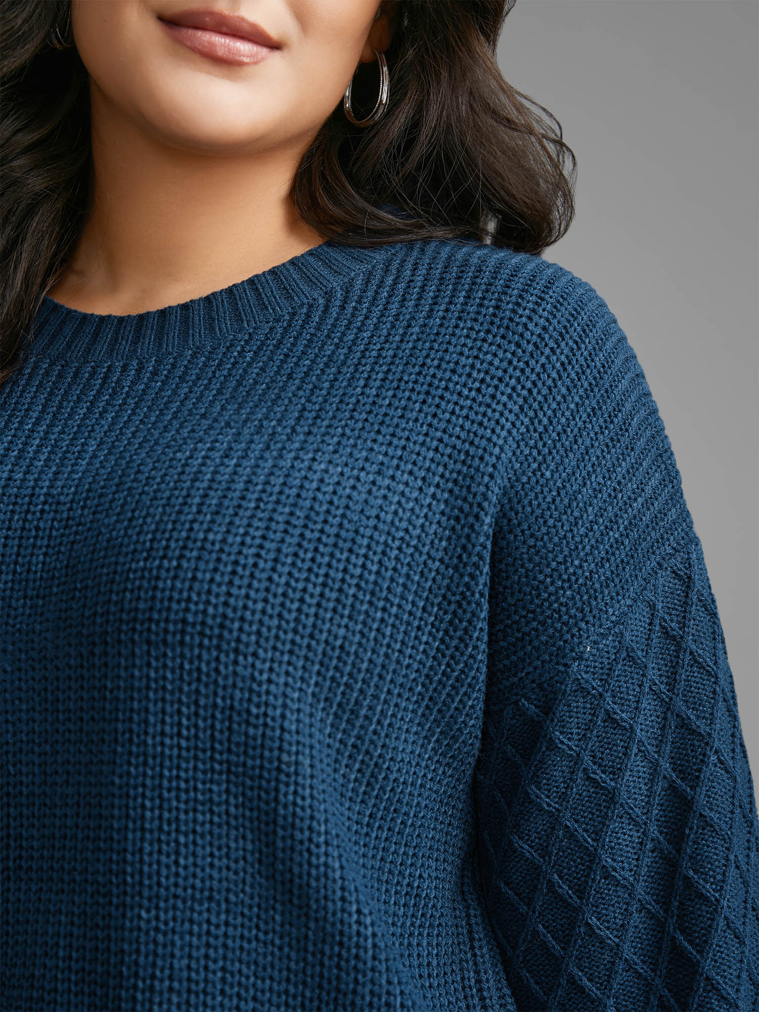 Cable Knit Texture Lantern Sleeve Pullover