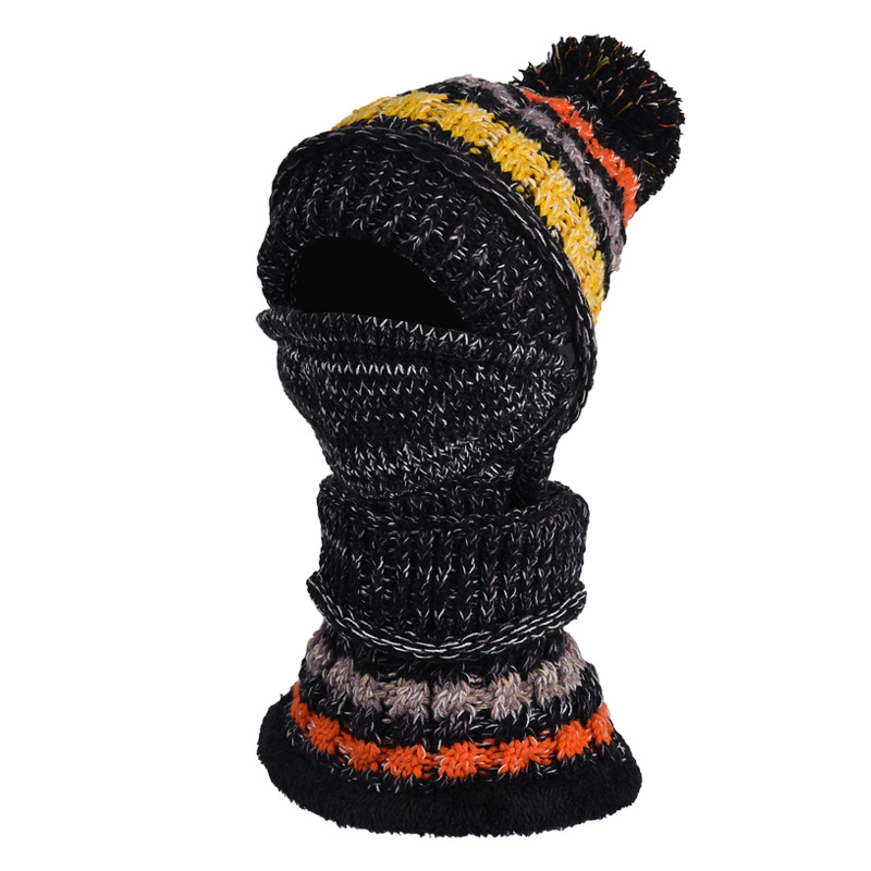 Three-Piece Fleece And Color-Block Knitted Hat. Scarf And Mask