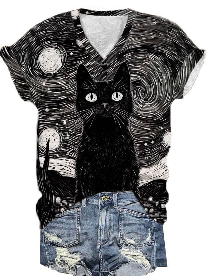 Women's Black Cat Print V-Neck T-Shirt