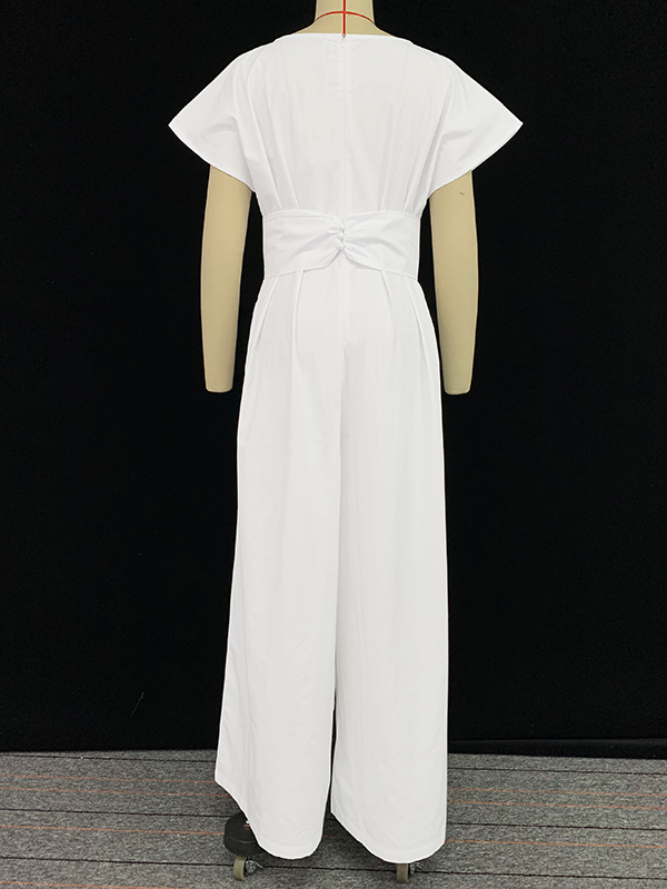 Loose Raglan Sleeve Pleated Solid Color Split-Joint Zipper Round-Neck Jumpsuits