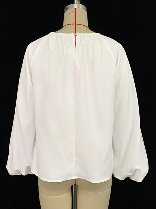 Long Sleeves Loose Elasticity Flower Print Pleated Round-neck Blouses&shirts Tops