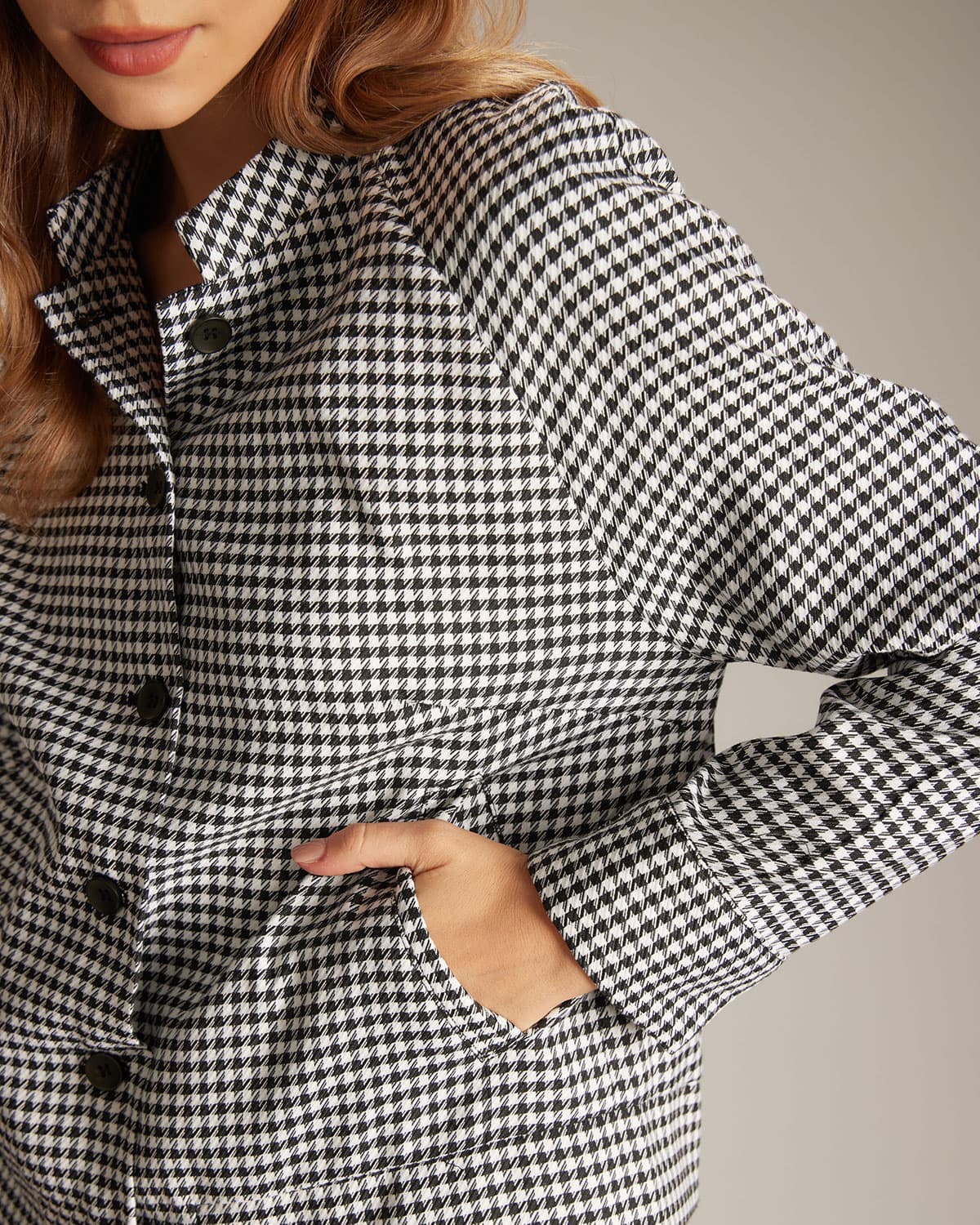 The Black Mock Neck Houndstooth Jacket