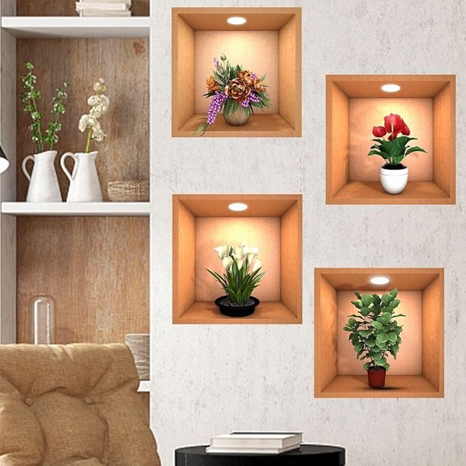 4 Pieces 3D Beautiful Decal Flower Pot Design Wall Sticker