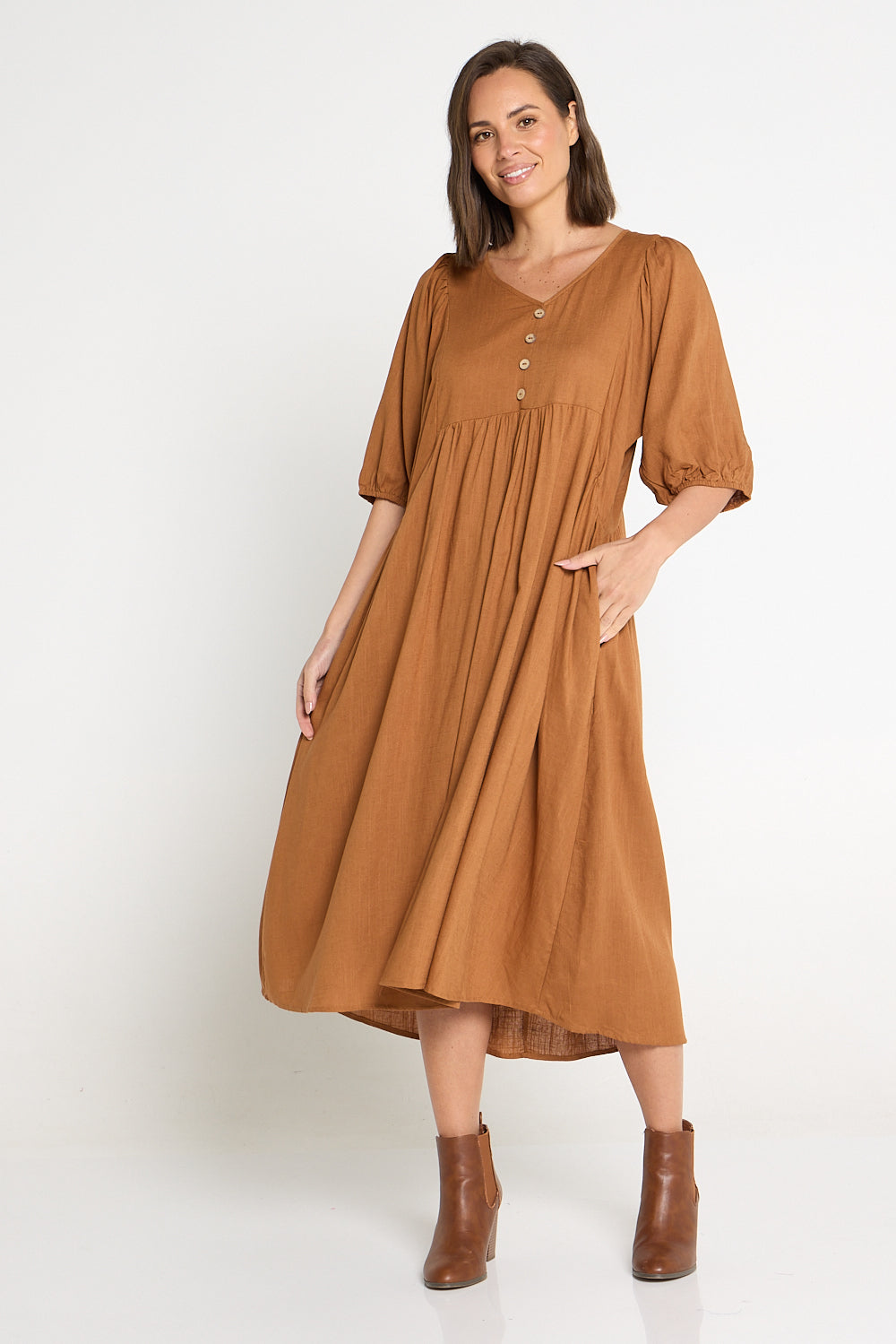 Sabina Linen Dress - Brown