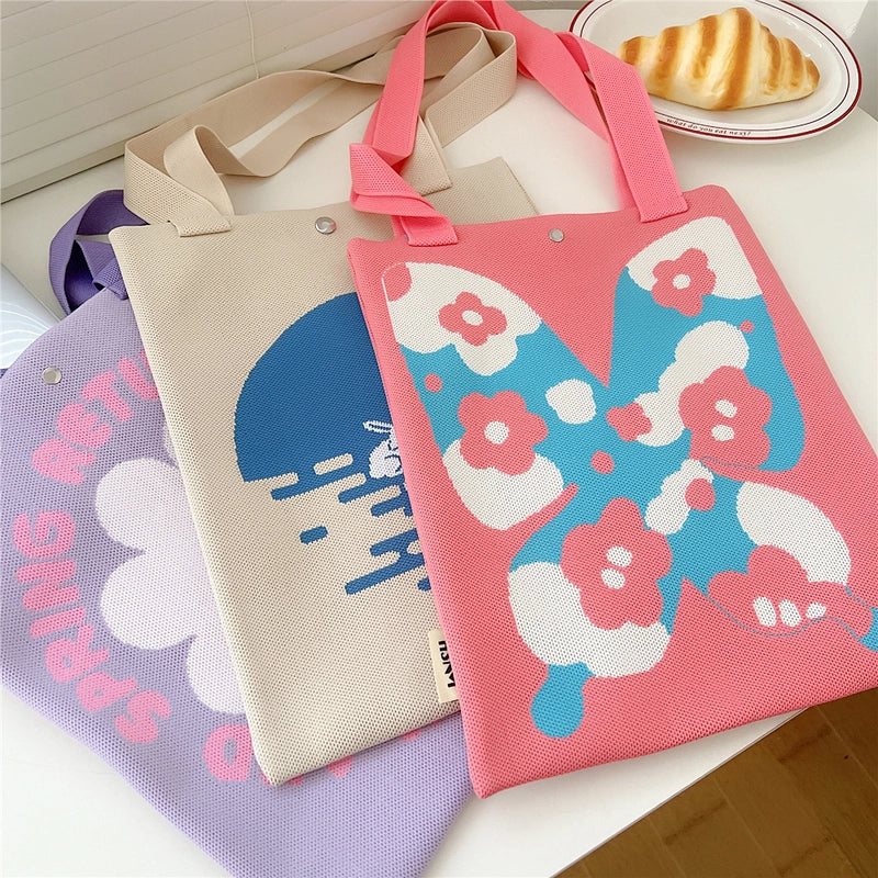 Women's Medium Knit Cartoon Flower Cute Square Lock Clasp Underarm Bag