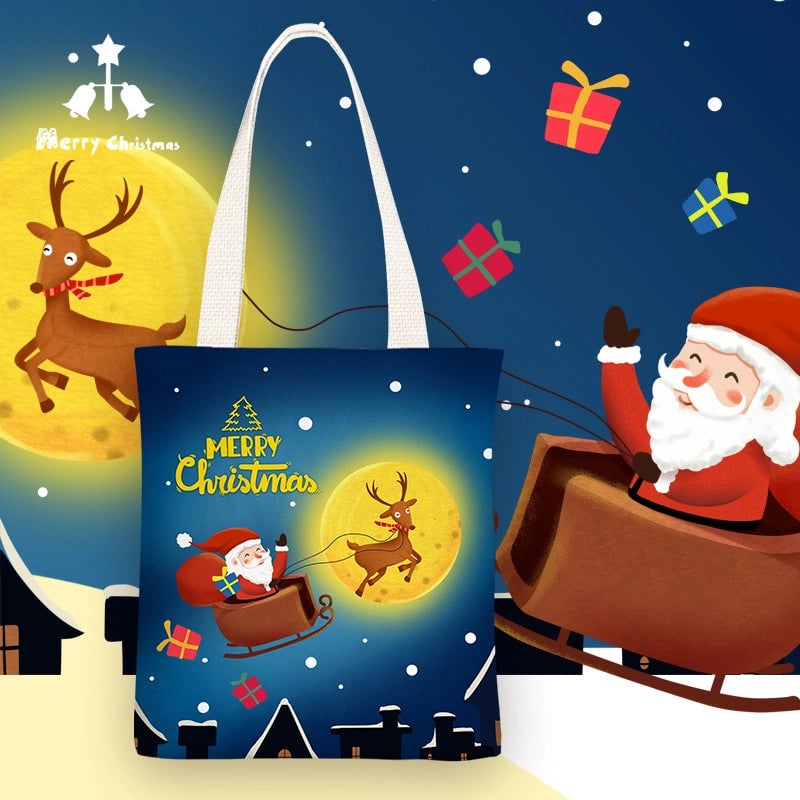 Christmas Women's Medium Canvas Santa Claus Cute Zipper Shoulder Bag Tote Bag