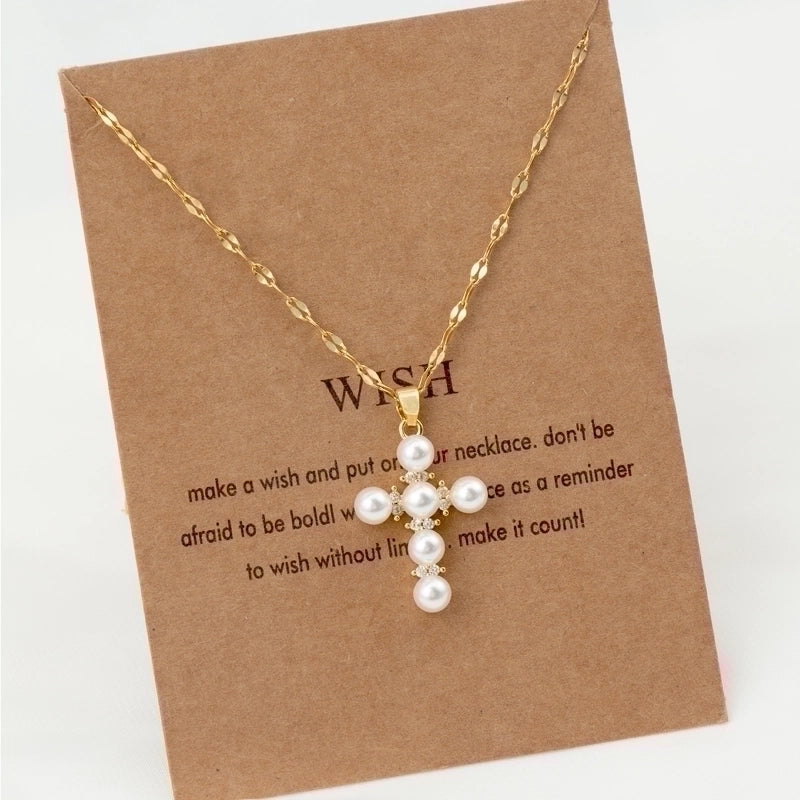 Stainless Steel 18K Gold Plated Vintage Style Plating Inlay Geometric Cross Rhinestones Pearl Zircon Pendant Necklace