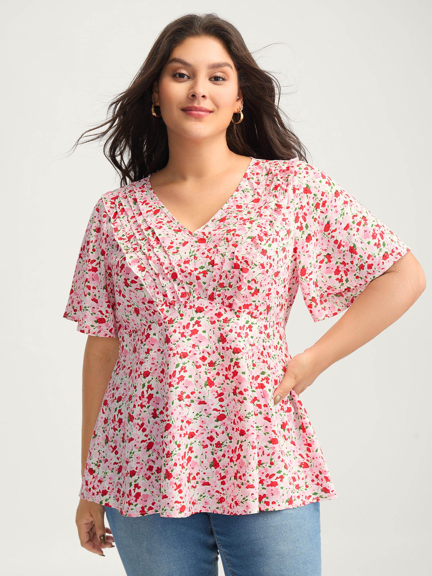 Floral Silver Stamp Shirred Waist Blouse