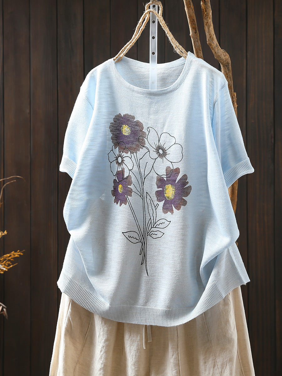 Women Summer Artsy Flower Knitted Linen Cotton Shirt