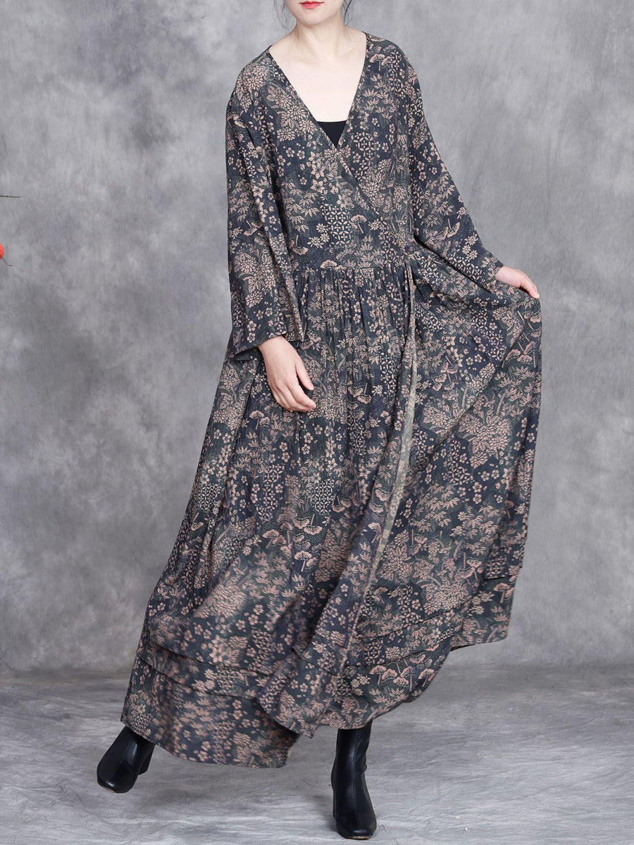 Women Spring Vintage Flower Strap V-Neck Dress