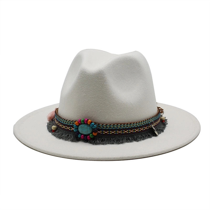Designed Hot Sale Woolen Hat Women's Ethnic Style Retro Flat Brim Big Brim Jazz Hat