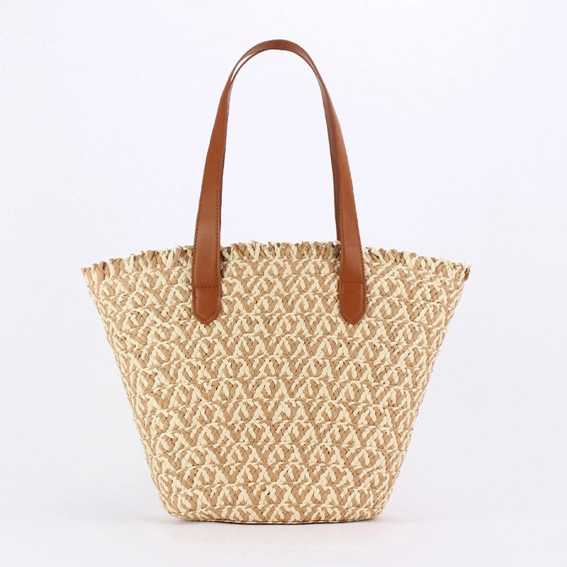 Women's Large Straw Geometric Vacation Bucket Zipper Straw Bag