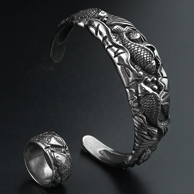 Bangle Bracelets Rings For Girl Charms Stainless Steel Jewelry Sets Carp Animal 3D Design Traditional Accessories For Luck