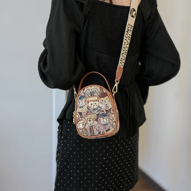 Women's Medium Cloth Little Bear Cute Classic Style Sewing Thread Oval Zipper Crossbody Bag