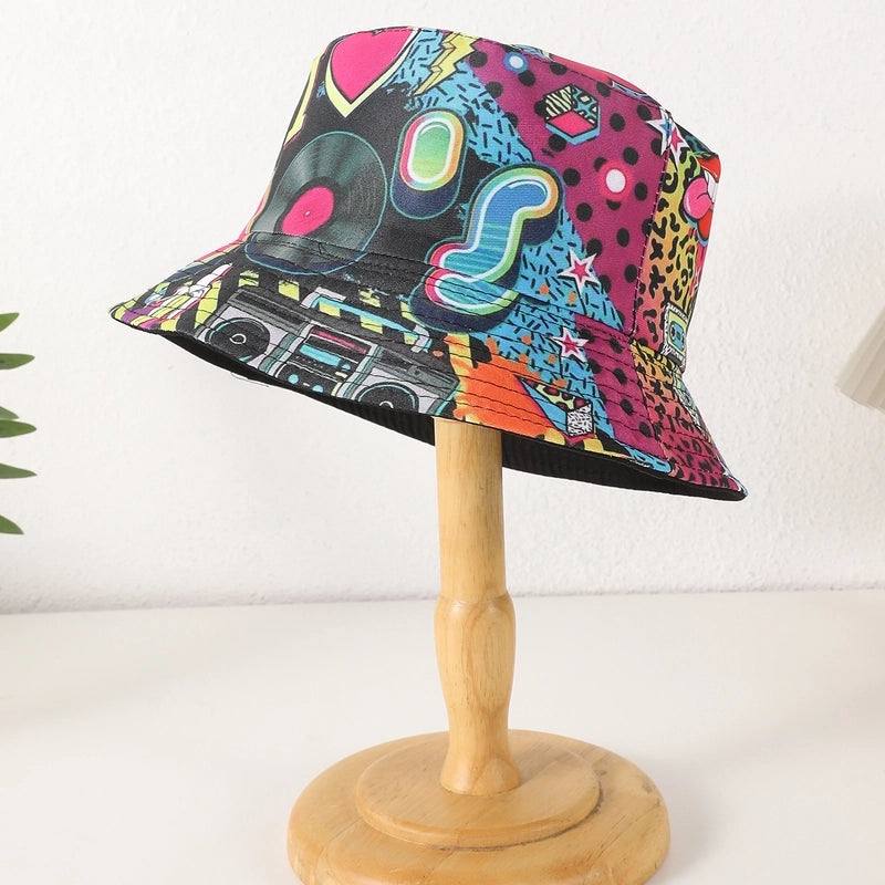Unisex Casual Retro Artistic Letter Color Block Printing Curved Eaves Bucket Hat