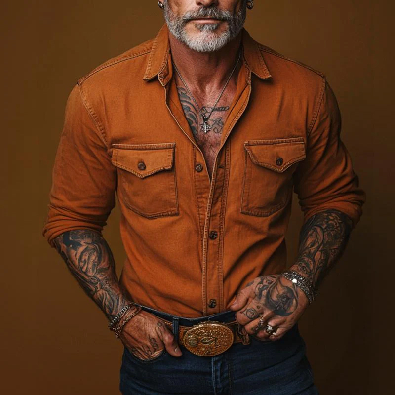 Men's Retro Casual Solid Pocket Long Sleeve Shirt