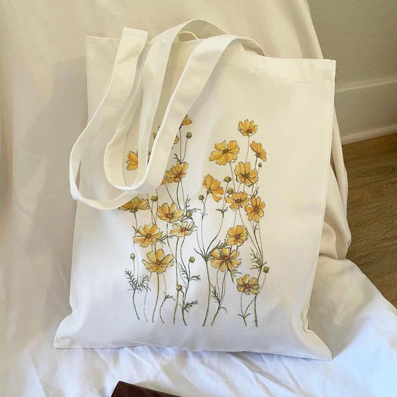 Women's Medium Canvas Flower Basic Classic Style Square Open Canvas Bag