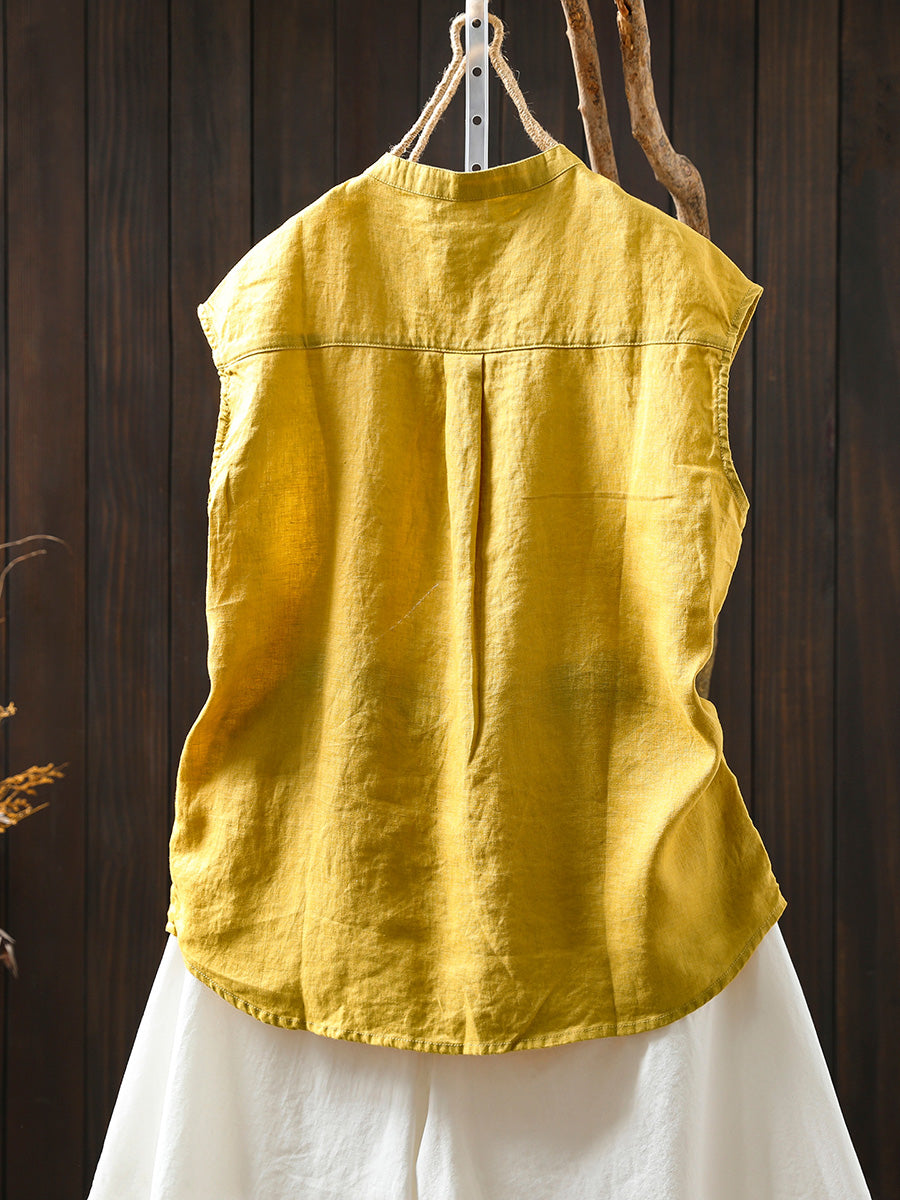 Women Summer Casual Pure Color Stand Collar 100%Linen Shirt