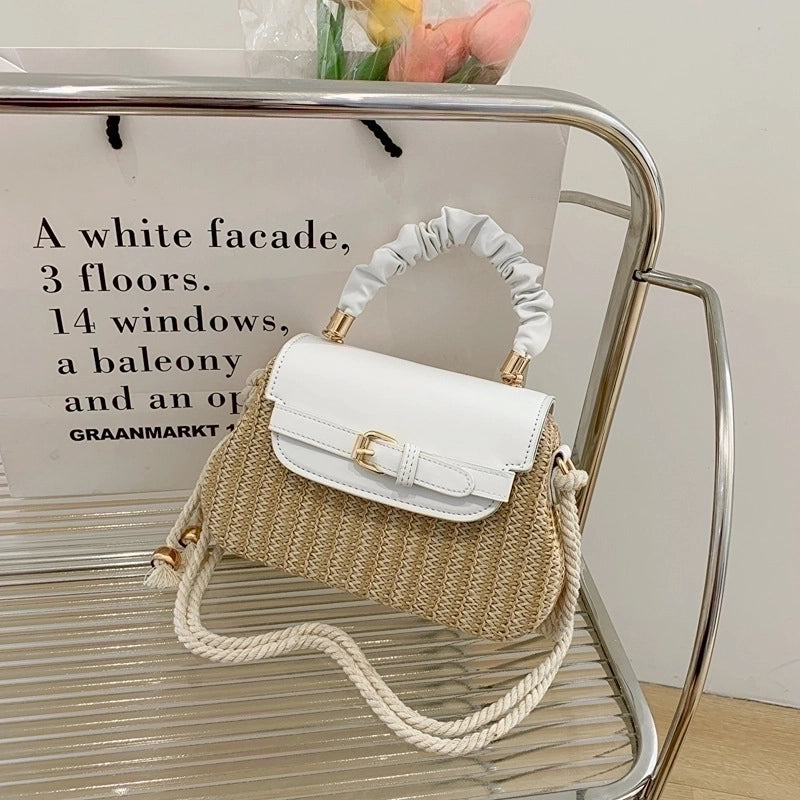 Women's Small Straw Color Block Fashion Weave Square Flip Cover Handbag