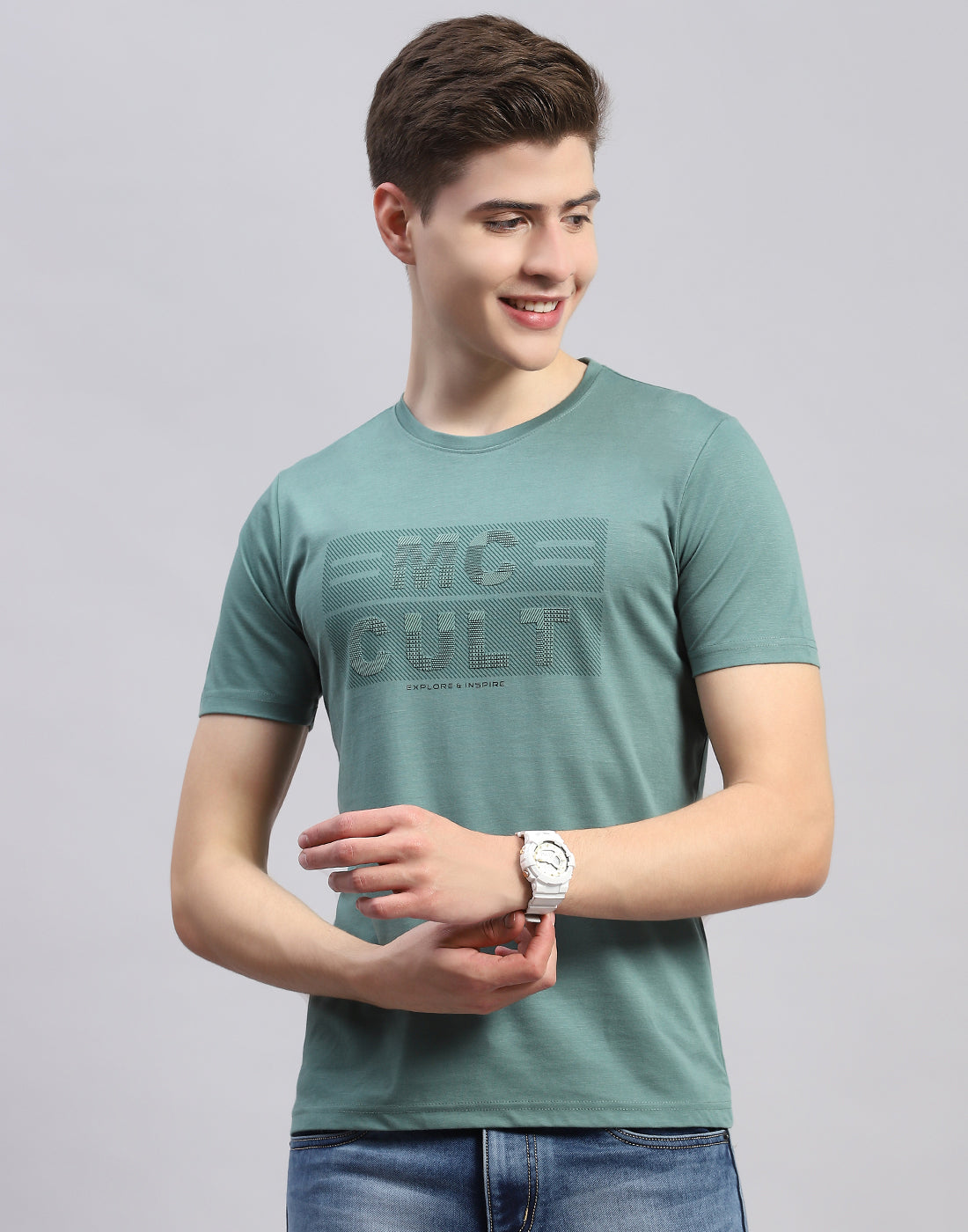 Men Green Printed Round Neck Half Sleeve T-Shirt