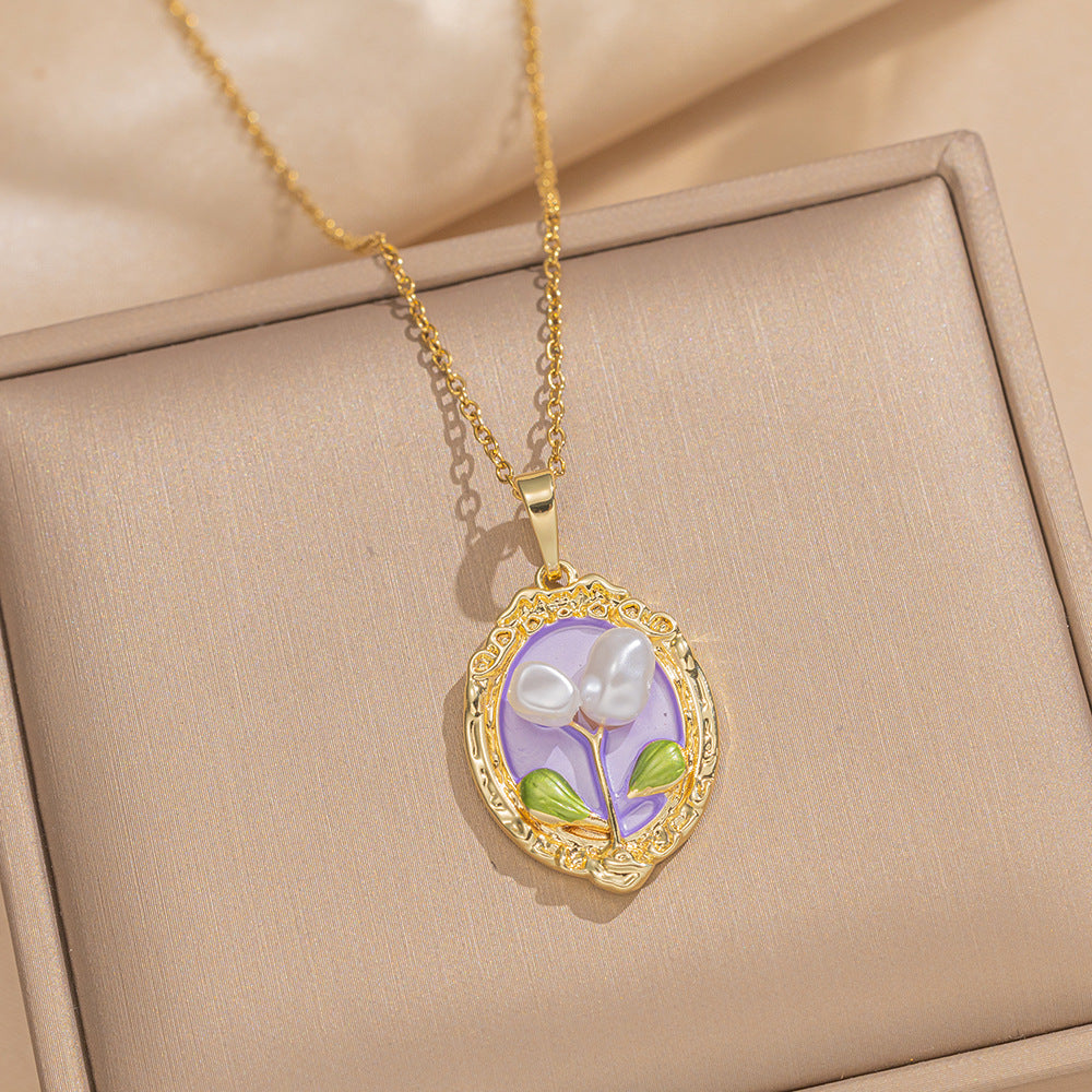 French Retro Oil Drop Baroque Freshwater Pearl Enamel High-Grade Painted Flower Pendant Necklace