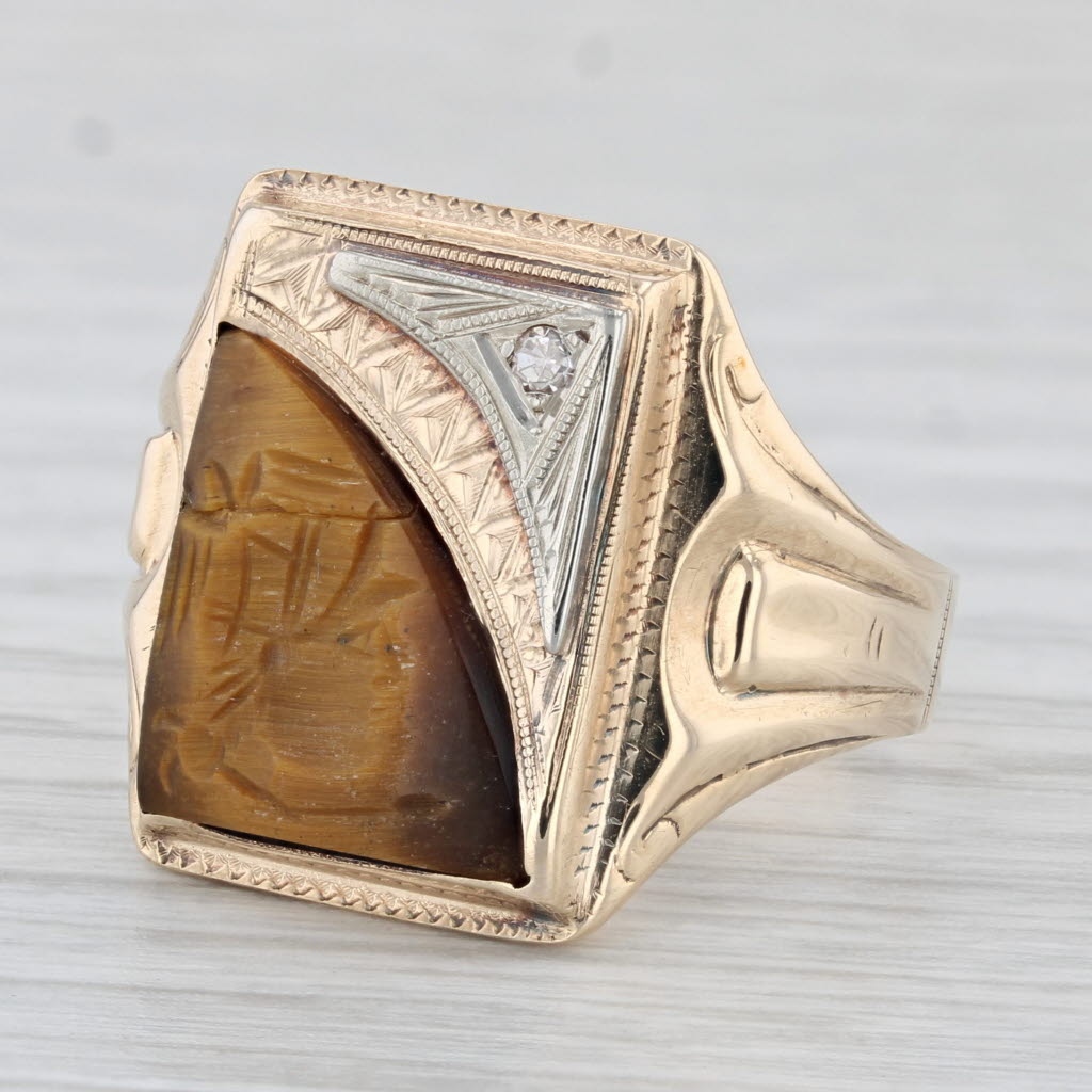 Vintage Intaglio Carved Tiger's Eye Ring 10k Gold Diamond Accent Size 9