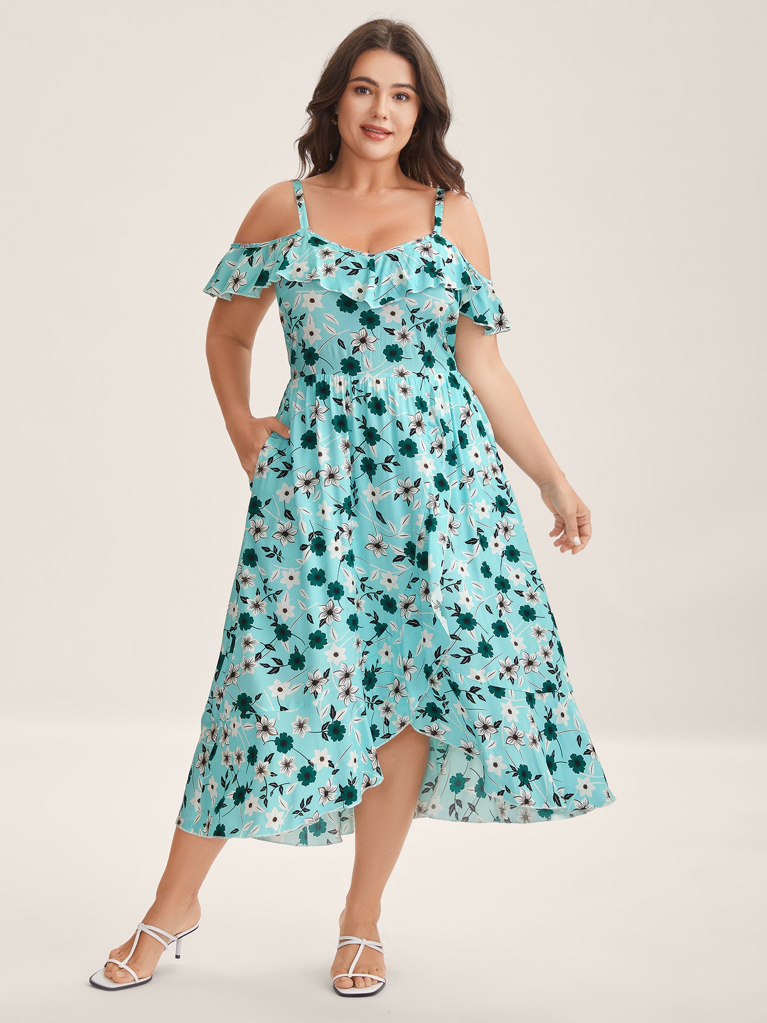 Off-Shoulder Floral Print Adjustable Midi Dress