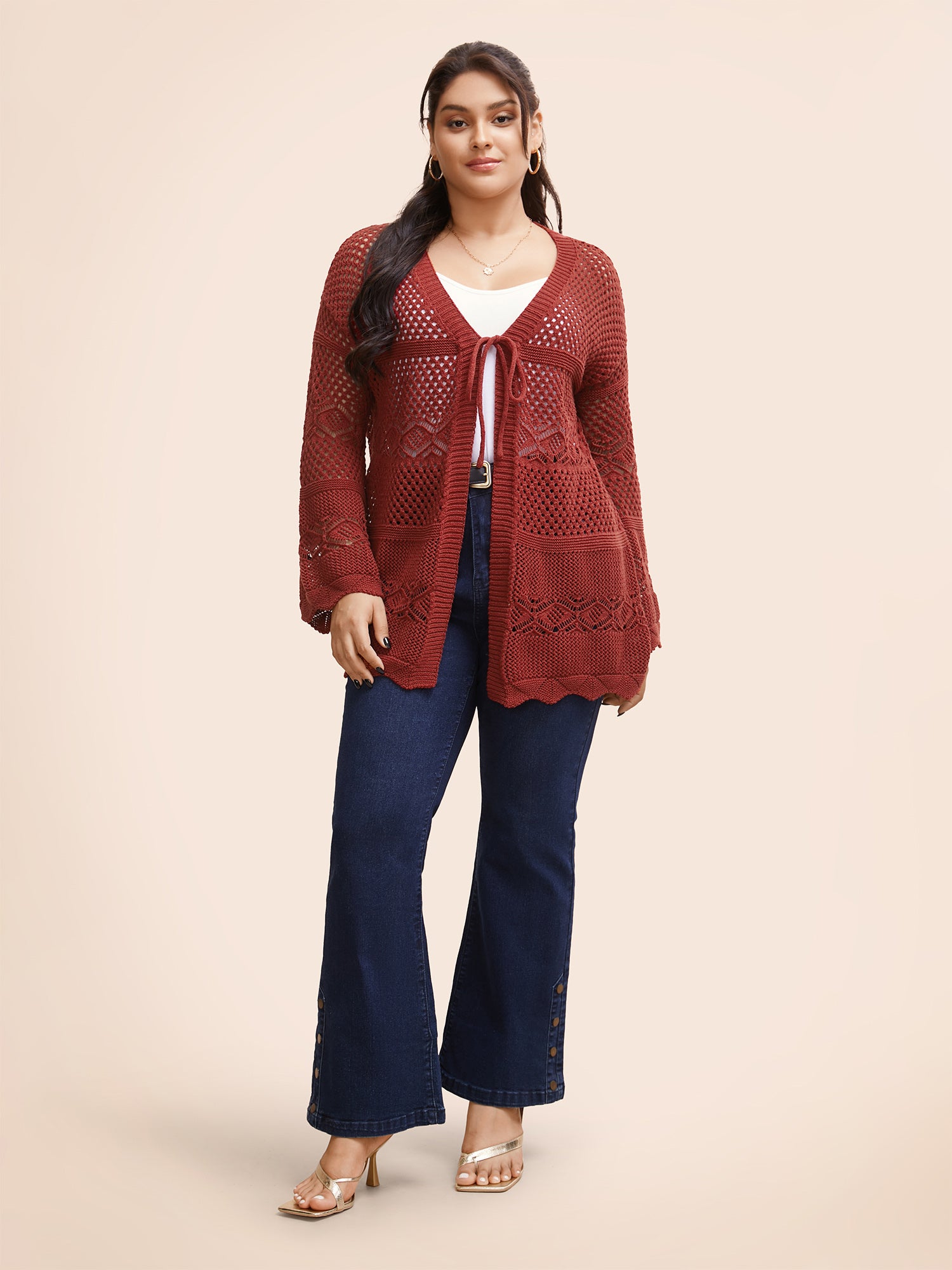 Texture Tie Knot Bell Sleeve Cardigan