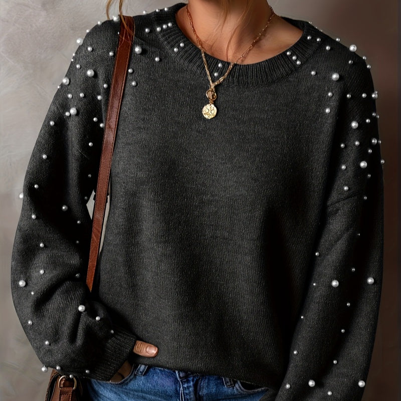 🍃Women's Faux Pearls Round Neck Pullover Sweater