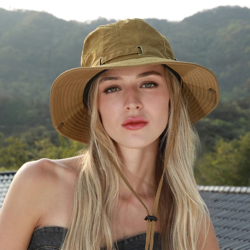 Women's Casual Japanese Style Solid Color Iron Button Wide Eaves Bucket Hat