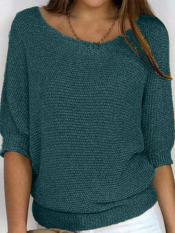 Loose Plus Size Solid Color Split-Joint Round-neck Sweater Tops