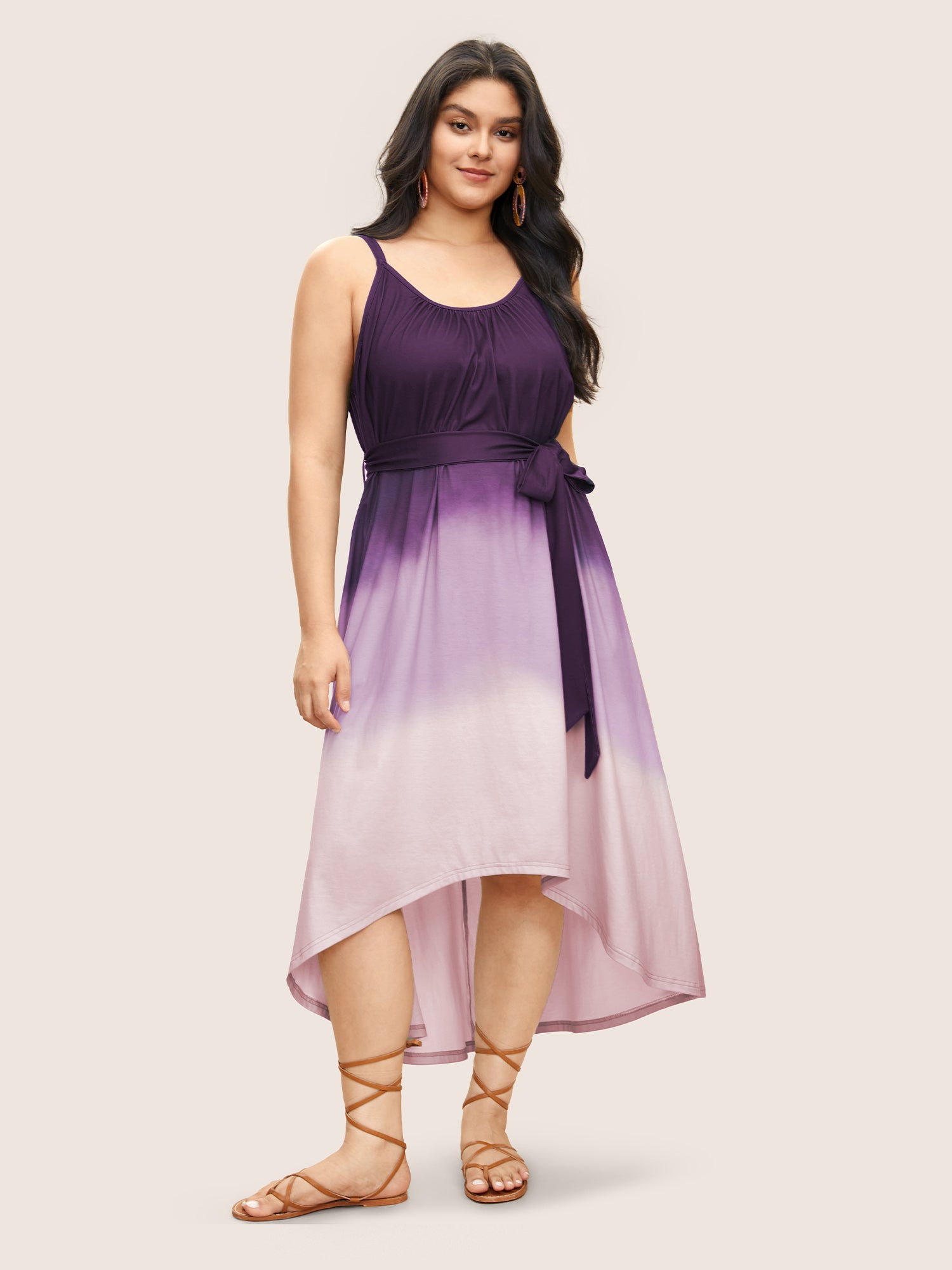 Tie Dye Belted Gathered Asymmetrical Hem Dress