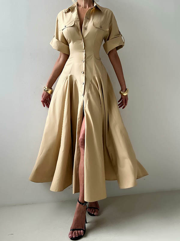Short Sleeves Buttoned Solid Color Lapel Maxi Dresses Shirt Dress